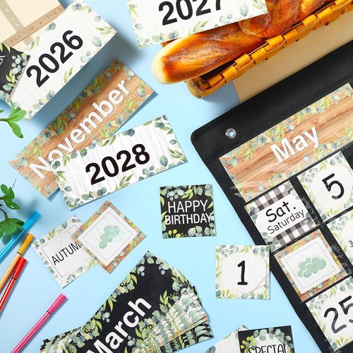 Fulmoon Classroom Calendar Pocket Chart Set - Seasonal & Weather Bulletin Board | Black & Eucalyptus