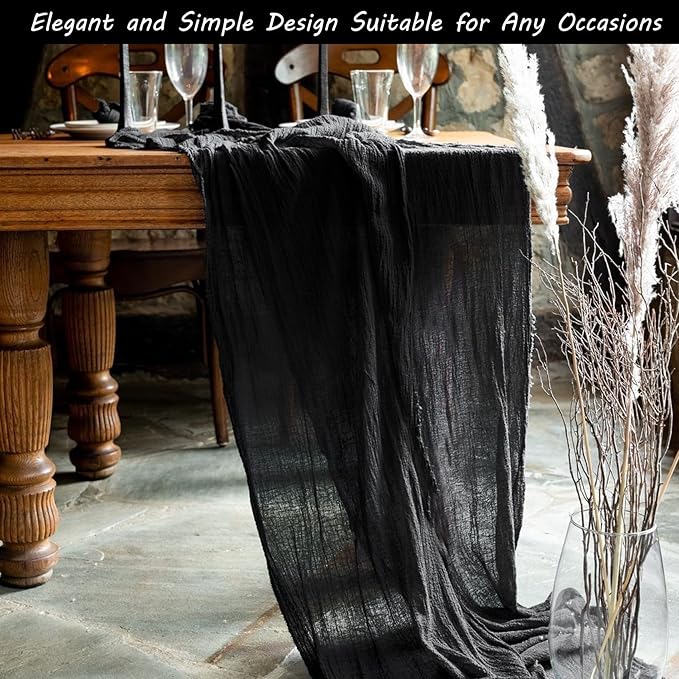 12 Pack Boho Gauze Table Runner 35x72 Inch - Rustic Cheese Cloth Long Table Runner for Wedding, Bridal Shower, Birthday Party Decor (Black)