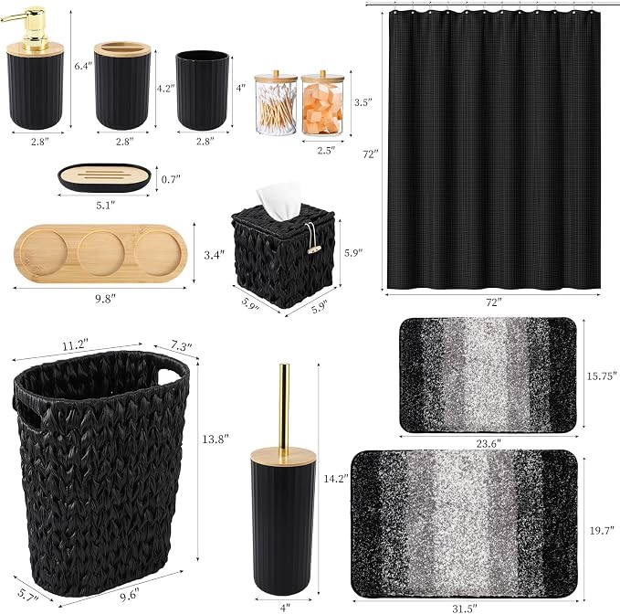 Bathroom Accessories Set, 25PCS Wicker Bathroom Accessory Set with Shower Curtain, Bath Mat, Soap Dispenser, Handwoven Trash Can & Rattan Tissue Box (Black, Bath Set+Shower Curtain+Rugs)
