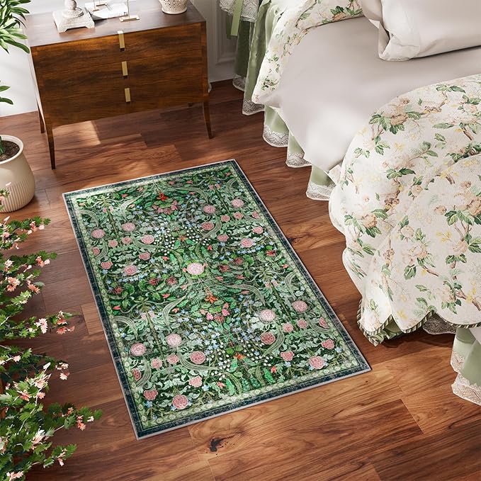 AMTOVO 2x3 Washable Entryway Area Rug Door Mat, Vintage Boho Floral Distressed Print Non-Slip Carpet, Small Throw Rug for Indoor Entrance Kitchen Bedroom Bathroom Laundry Floor, Dark Green