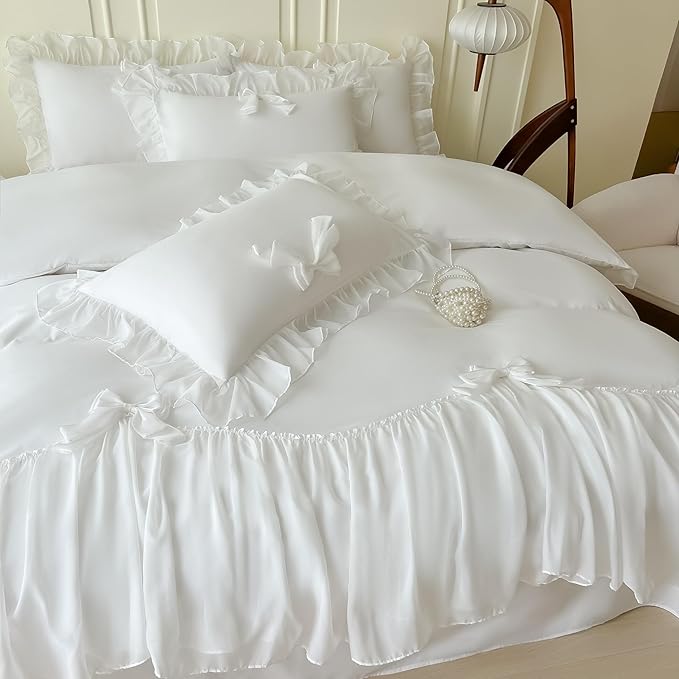 Girls Lace Bedding,Full Comforter Cover Set, Chic Ruffled Duvet Cover with Lovely Bow,Princess Style 1 Duvet Cover with 2 Pillowcases, No Comforter-White,Full Size