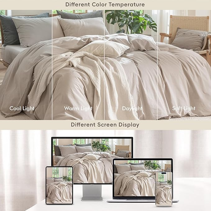 MooMee Bedding Duvet Cover Set 100% Washed Cotton Linen Like Textured Breathable Durable Soft Comfy (Solid Light Tan, Cal King 104"x98")