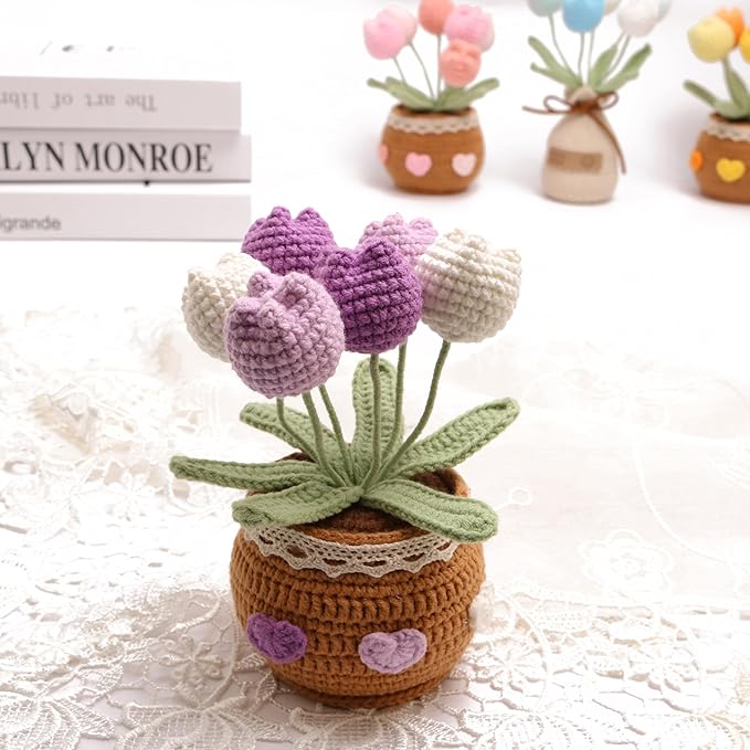 Crochet Simulation Tulip Potted Plants, Simulation Crochet with Long Flowers, Hand Crochet Lovely Woven Potted Plants, Home Office Desk Ornaments, Shop Decorative Flowers (6 Flowers-Purple)