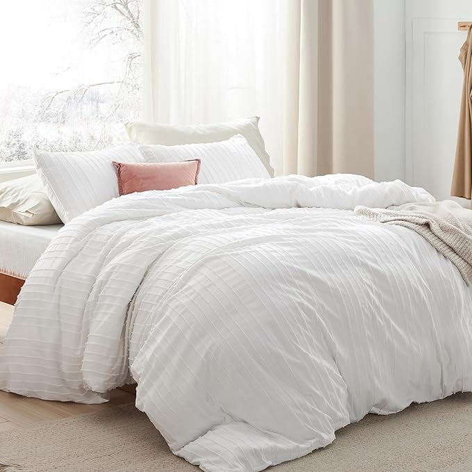 Bedsure Striped Boho Twin Duvet Cover - Shabby Chic Tufted Boho Bedding Set, 2 Pieces Shabby Chic Home Bedding for All Seasons, Includes 1 Twin Duvet Cover & 1 Pillowcase (White, 68" x 90")