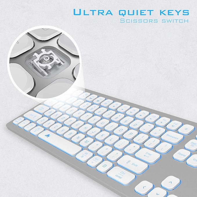 Aluminum Quiet Wired Keyboard Backlit- Slim Chiclet Key Compatible with Apple iMac, MacBook, Mac and PC, USB Keyboard Numeric Keypad RGB Lighted Key - Silver White