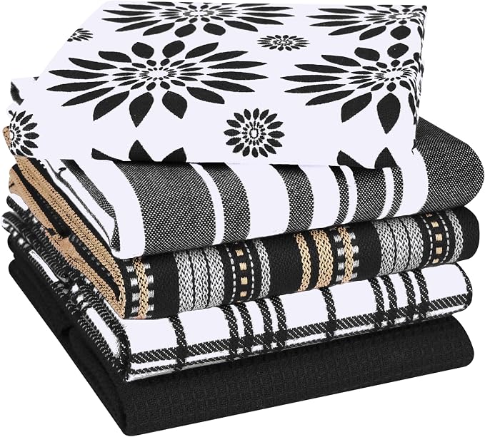 Assorted Kitchen Towels Large 16x26 inches 100% Cotton Set of 5 - Soft Absorbent Washable Tea Towel for Kitchen - Dish Cloths with Hanging Loop - Quick Drying Dish Towels Black
