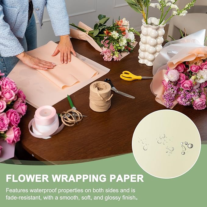 PATIKIL Flower Gift Wrapping Paper, 20 Sheets Double Sided Golden Waterproof Bouquet Paper Wrap Florist Supplies Packaging Floral Papers for Wedding DIY Craft Valentine, Beige/Gold