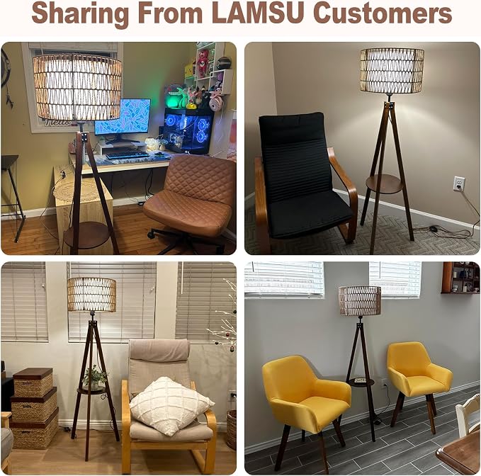 LAMSU Boho Tripod Floor Lamp with Shelves, Mid Century Wood Standing Lamp with Rattan & Fabric Shades, ON/Off Foot Switch, Modern Farmhouse Tall Floor Lamps for Living Room Bedroom Office