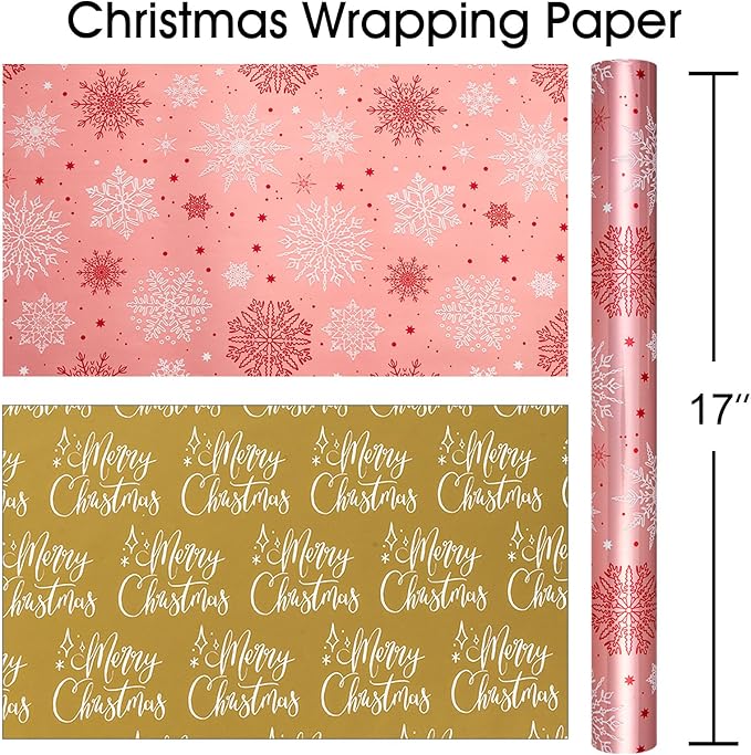MAYPLUSS Pink Christmas Wrapping Paper Roll - 17IN X 33FT - Christmas Gift Wrapping Paper Featuring White Snowflake Reversible Gold for Kids, Holiday, New Year