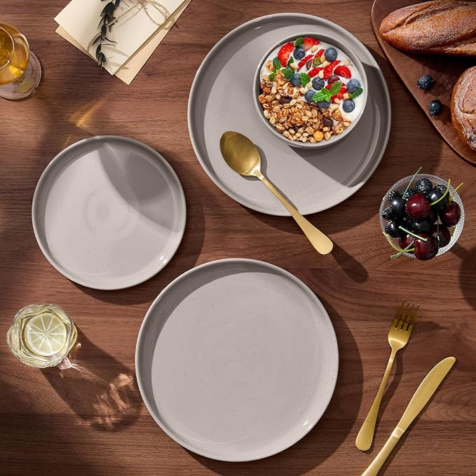 E-far 24-Piece Ceramic Dinnerware Sets, Plates and Bowls Sets for 8, Stoneware Dishware Dishes Set with Terracotta Base, Chip & Scratch Resistant, Microwave & Dishwasher Safe, Speckled Khaki