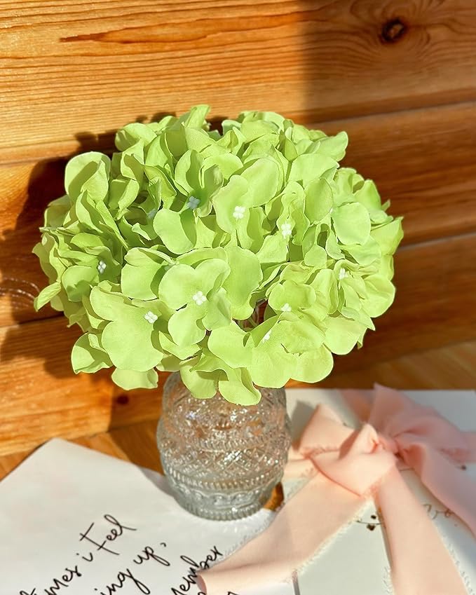 DuHouse 8.7" Silk Hydrangea Flower Heads with Stems Fake Hydrangeas Flowers for DIY Wedding Centerpiece Home Decor,Pack of 6(Light Green)