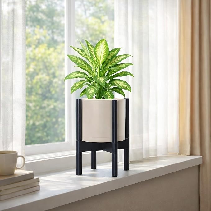 D'vine Dev Planter Pot with Stand - 8 Inch Plastic Cylinder Flower Pot with Wood Planter Holder for Indoor, Oatmeal Pot + Ebony Stand, 55-C-K-4