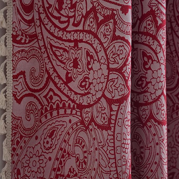 ENJOYBRIDAL Red Paisley 84 Inch Curtains for Bedroom Semi Sheer Drapes Rod Pocket 2 Panels Floor Length Window Curtain Panels for Living Room Farmhouse Jacquard Decorative Vintage Window Treatments