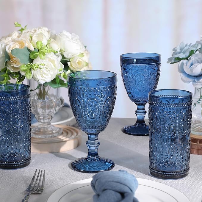 abrwyy Blue Drinking Highball Beverage Glass Cup, Vintage Drinking Glasses, Colored Glassware Set for Party Wedding, Home, Office, Water, Juice, Cocktail, Highball Glasses Set of 4
