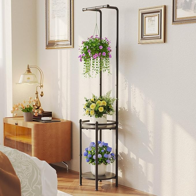 Homsorout Plant Stand Indoor Outdoor - Heavy Duty Metal 2-tier Hanging Plant Holder Space-Saving Iron Plant Stands Tall Plant Shelf for Living Room Garden Balcony（Black）