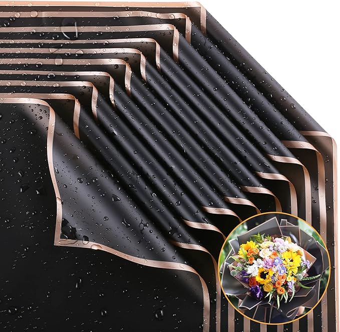 FUSHENMU 20 Sheets Double Sided Black Flower Wrapping Paper - Waterproof Florist Wrap for Bouquet Supplies, DIY Crafts, Gift Packaging