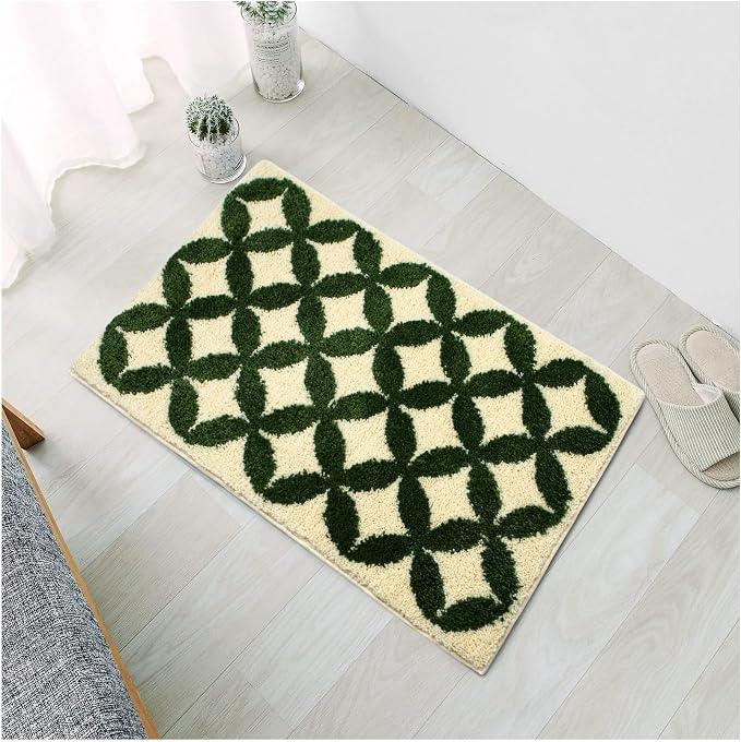 Civkor Green and Cream Bathroom Rug Washable, 24x16Inch Retro Bath Mat for Bathroom with TPR Non Slip Backing, Quick Dry Fluffy Microfiber Piles, Super Water Absorbent Thin Bath Rug Fit Under Door