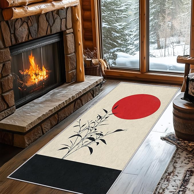 Japanese Runner Rug 2x5, Black and Grey Red Sun Design, Zen Asian Area Rug Washable Hallway Rugs Non-Slip Floor Carpet Runner for Bedroom, Narrow Hallway, Kitchen Aisle