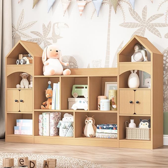 Castle Shape Children's Bookshelf, Kids Bookcase Display Case Kids Toy Storage Organizer Multifunctional Storage Cabinet Bookshelf Suitable for Playroom, Children's Room, Living Room, Oak