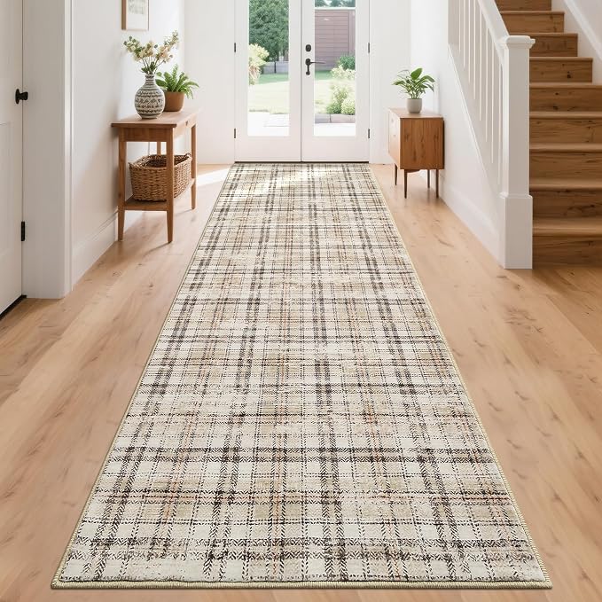Washable Runner Rug 2x8 Modern Entryway Rug Tartan Plaid Non Slip Kitchen Rugs Farmhouse Bedroom Area Rug Hallway Runners Soft Bathroom Rugs Stain Resistant Carpet 2'x8' Green/Beige