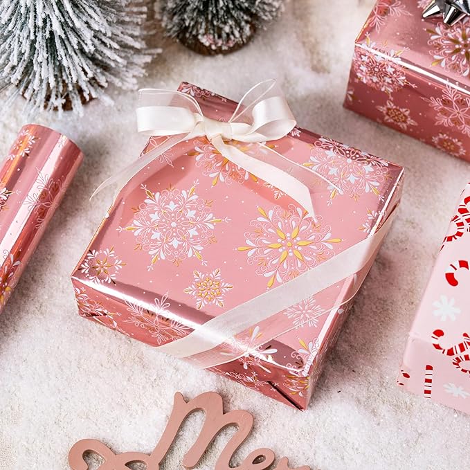 MAYPLUSS Pink Christmas Wrapping Paper Roll - 17IN X 33FT - Gift Wrapping Paper Featuring Gold and White Snowflake Reversible Candy Cane for Kids, Holiday, New Year
