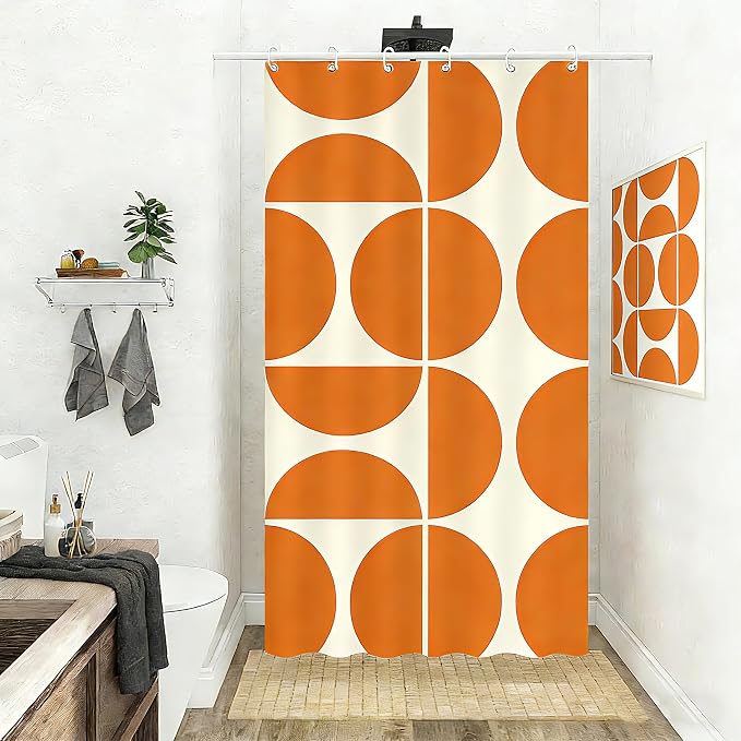Orange Mid Century Modern Shower Curtain, Boho Abstract Geometric Retro Art Bath Curtains For Bathroom, Colorful Unique Pattern Waterproof Polyester Fabric Bathroom Accessories Set 12 Hooks 36X72IN