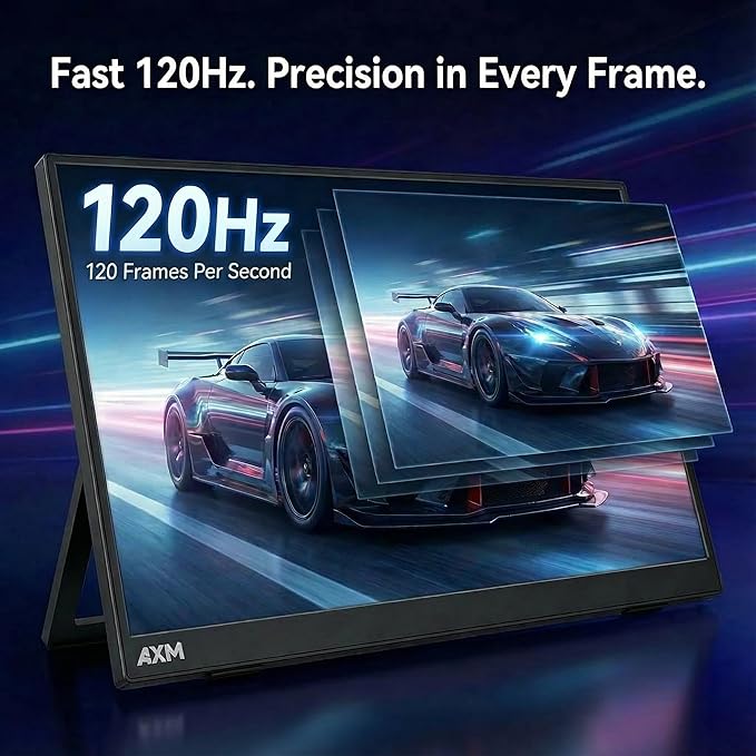 AXM 16" 2.5K Portable Monitor 2.5k QHD IPS 120Hz Adaptive Sync HDR Flicker-Free 400 Nits 100% DCI-P3 USB-C HDMI Gaming & Travel for Laptop Compatible with Windows, MacBook, Phone, Switch, Xbox PS4/5