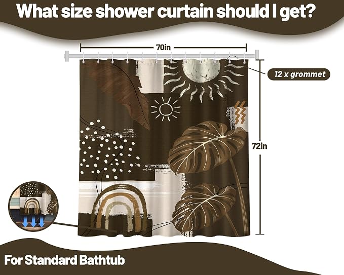Dark Brown Mid Century Modern Shower Curtain Boho Abstract Khaki Earth Tone Shower Curtains for Bathroom Decor Sets, Waterproof Cloth Fabric with Hooks, 70 x 72 Inch