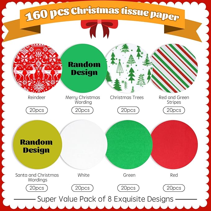 ZMCINER 160 Sheets Christmas Tissue Paper Assorted Christmas Tissue Paper for Gift Wrapping, Christmas Gift Boxes and Wine Bottles
