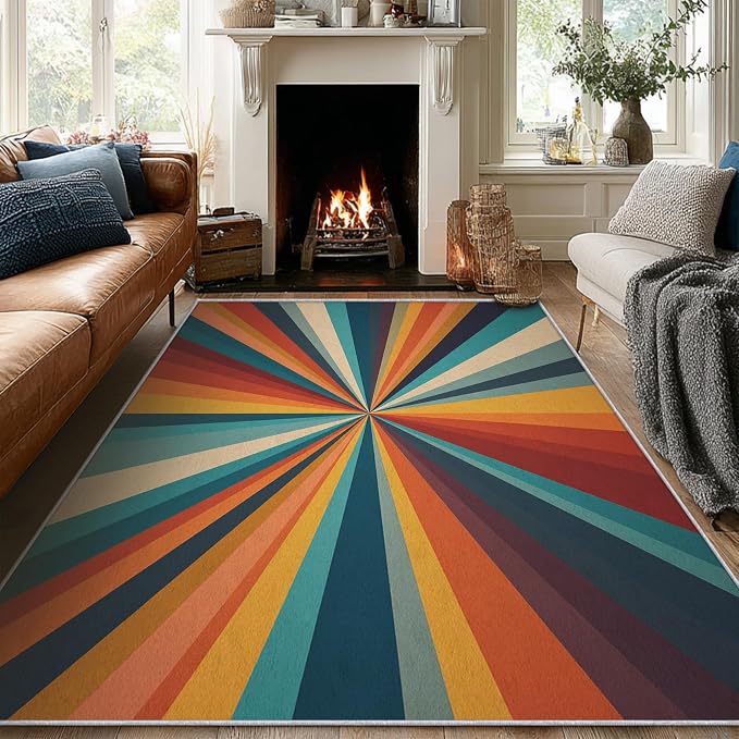 Retro Sunburst Rugs 6x9, 70s Colorful Abstract Washable 6 x 9 Area Rug for Living Room, Bedroom, Low Pile Non Slip Stain Resistant Carpet, Retro 70s Home Decor Accessories & M879