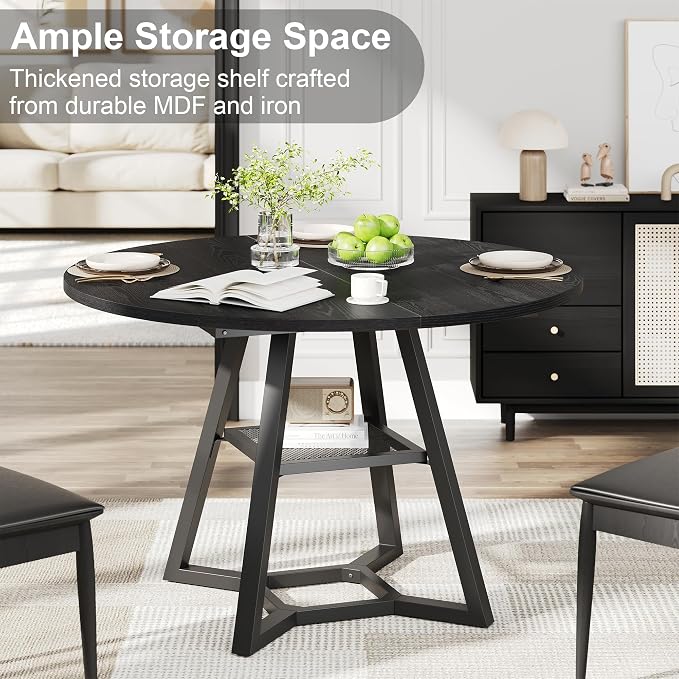 knoworld 43" Round Dining Table for 4, Kitchen Tables Dining Room Circle Dinner Table with Pedestal Metal Frame, Space Saving Wood Industrial Kitchen & Dining Room Tables, Black 43In