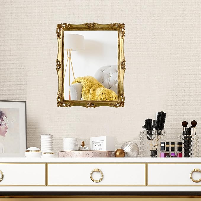 Funerom Vintage Decorative Mirror, Wall Mounted & Tabletop Makeup Mirror ，Square (Antique Gold, 16.5 x 13.5 inch)