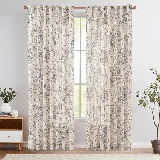 jinchan Linen Blend Curtain Floral Curtains for Living Room 90 Inch Length Black Printed Curtain Rod Pocket Back Tab Farmhouse Peony Flower Patterned Drapes Bedroom Window Curtains Set 2 Panels