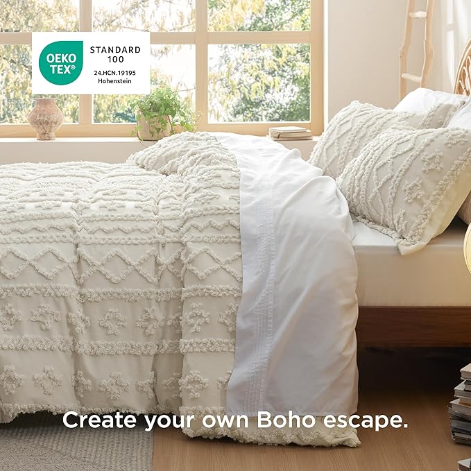 Bedsure Boho Duvet Cover King Size, Soft & Comfortable Elegant Design Boho Bedding for Decoration, Machine Washable Comforter Cover for All Seasons,Includes 1 Duvet Cover & 2 Pillow Shams,Beige