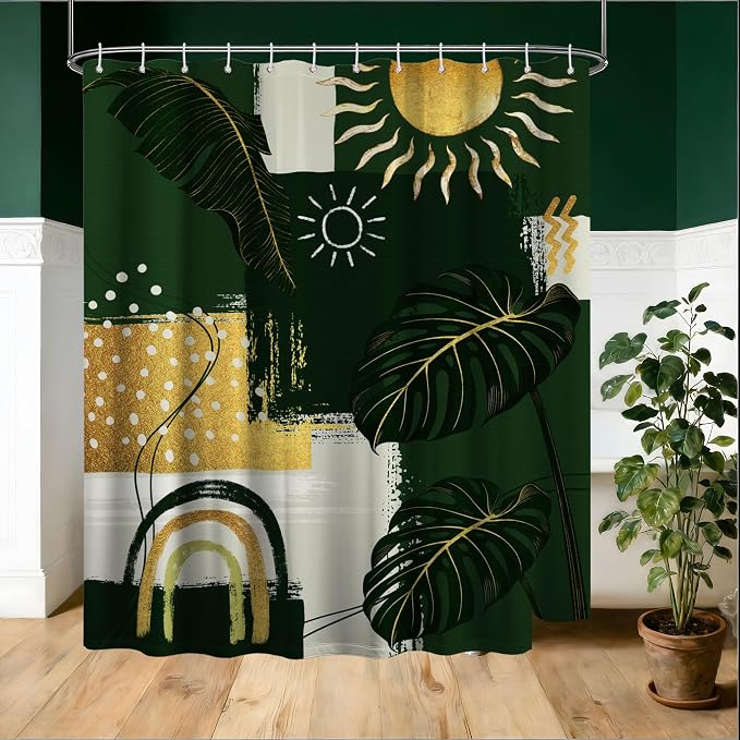 Green and Gold Mid Century Modern Shower Curtain Bohemian Abstract Shower Curtains for Bathroom Decor Sets, Waterproof Cloth Fabric with Hooks, 72x84 Inch