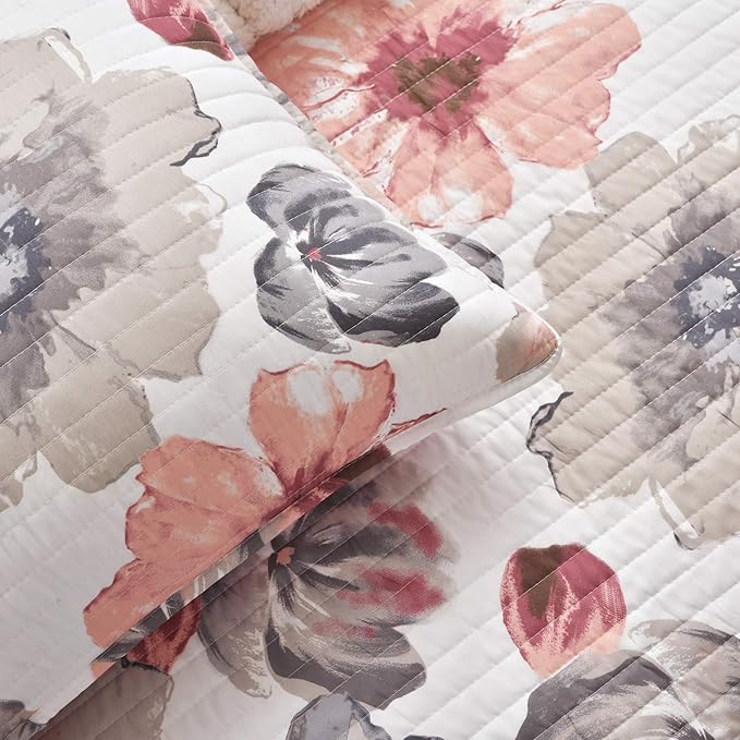Lush Decor Leah Reversible Floral Quilt Set, 3 Piece Set, King, Coral & Gray - Watercolor Botanical - Cottage Core - French Country Decor- Bedding Queen Size