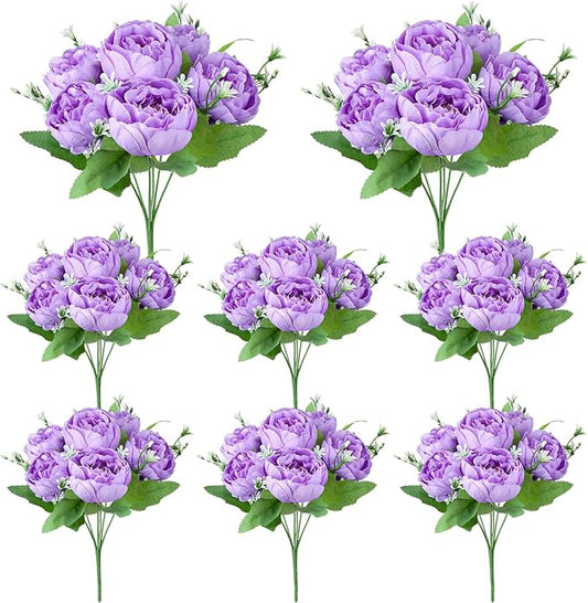 8 Pack Purple Peonies Artificial Flowers, Fake Silk Hydrangea Bouquet for Bridal Wedding Home Table Decor Reusable Dining Opening Ceremony Birthday Arrangement Faux Floral