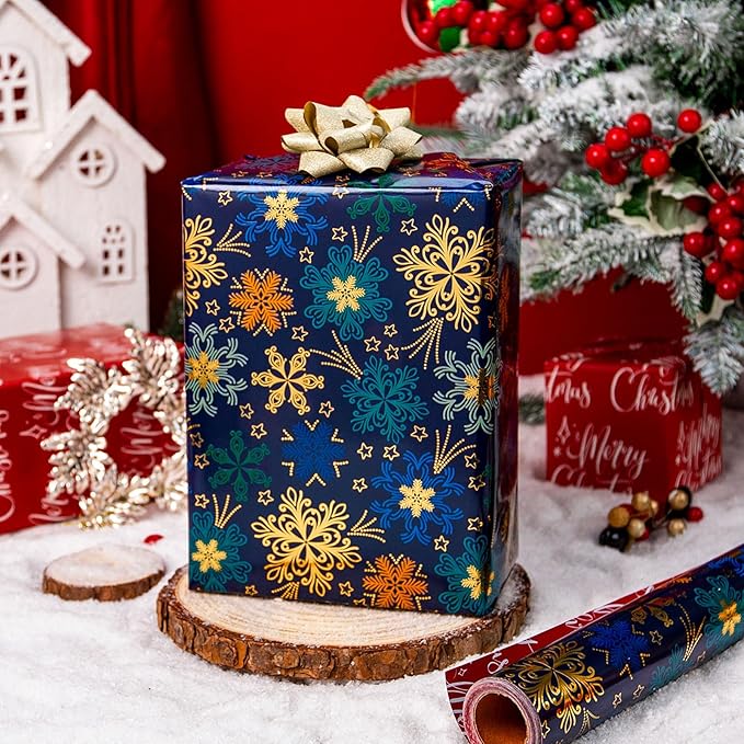MAYPLUSS Christmas Wrapping Paper Roll - 17IN X 33FT - Green Gift Wrapping Paper Featuring Snowflake Against Dark Green Reversible Merry Christmas for Kids, Holiday, New Year