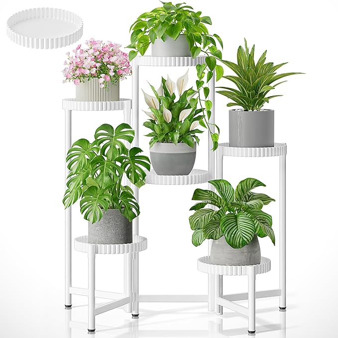 6 Tier Large Plant Stand Indoor with 7.9 Inch Wide Tray, Tiered Corner Metal Outdoor Flower Display Holder Shelf, Foldable Tall Rack for Patio Porch Living Room - WhiteFloroma