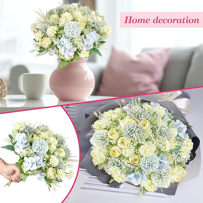 Olgaa 12 Bundles Peonies Artificial Flowers Silk Flowers Fake Peony Bouquet Faux Peonies Flowers Bulk for Wedding Decor Centerpiece Table Decorations (Blue Green)
