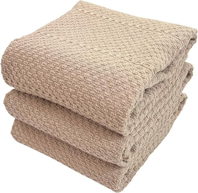 Beige Clay Light Brown Taupe Kitchen Hand Dish Towels: Oversized 28" x 18",100% Cotton Cloth Soft Cleaning Drying Absorbent Textured Design, Set of 3 Multipurpose for Everyday Use (Beige Textured)