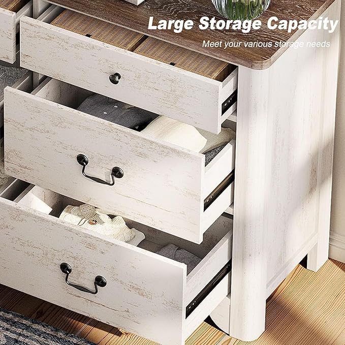 WAMPAT Farmhouse 6 Drawer Dresser for Bedroom, 47.2" White Dresser with Large Storage Drawers and Metal Handle, Wide Chest of Drawers with Solid Wood Legs, Wood Dressers for Bedroom, Closet, Hallway