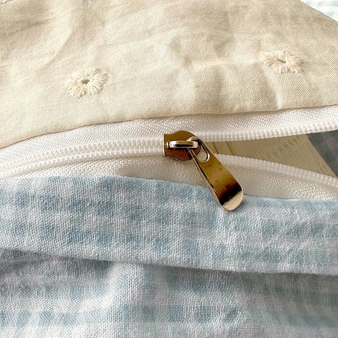 LifeTB Blue Gingham Duvet Cover Full 3 Pieces Blue Plaid Comforter Cover with Chic White Lace Soft Microfiber Checkered Grid Duvet Cover with 2 Pillowcases Breathable Gingham Plaid Bedding Set