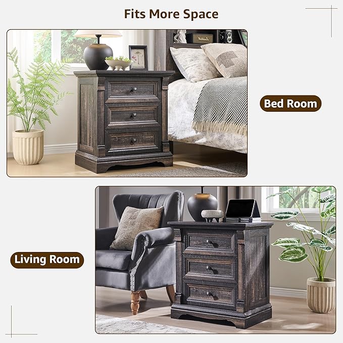 T4TREAM 24" Wide 3 Drawer Dressers, Farmhouse 26" Tall Bedside Side Table with 3 Drawers, Wooden Side Table with Roman Column, End Table for Bedroom, Living Room, Hallway, Dark Rustic Oak