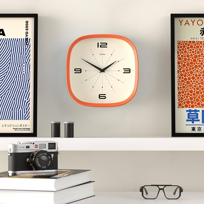 JONES CLOCKS® Pulsar wall Clock | Square Rounded Retro Clock | 10 inch | Orange | Cool Designer Look for Kitchen, Living Room or Office