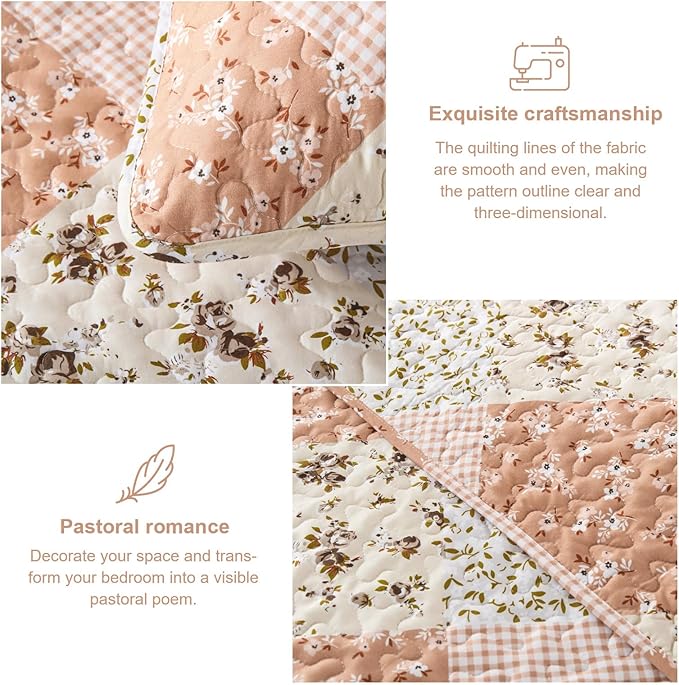 Dinjoy Pink Quilt Set Queen Size, Reversible Floral Plaid Patchwork Pattern Bedding Set Soft Microfiber Lightweight Bedspread Coverlet 3 Piece Spring Summer Use (90x96 inches)