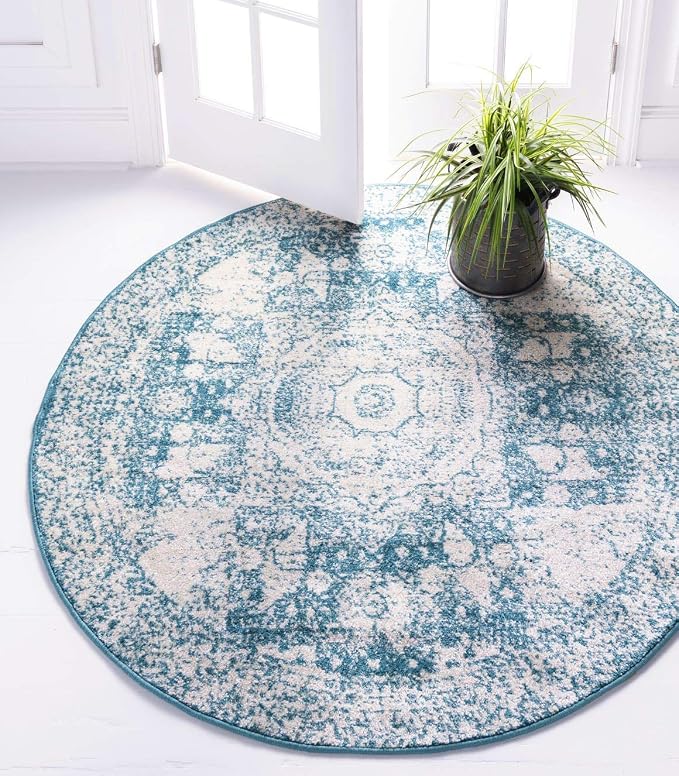 Unique Loom Bromley Collection Area Rug - Wells (5' 1" Round, Turquoise/ Ivory)