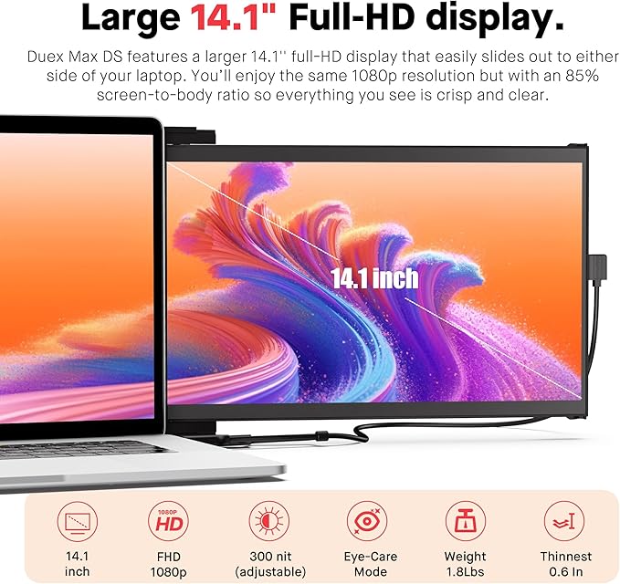 Mobile Pixels New Duex Max DS 14.1'' FHD 1080p Laptop Screen Extender, USB Type-C/HDMI Ports, Portable Monitor for 14'' to 17 Inch Laptops, Compatible with macOS/Windows/Apple/Android/Switch(Black)