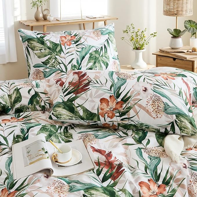 Bedding_Dreamer 100% Cotton Comforter Set Floral Queen Bedding Green Palm Leaf Comforter Set Botanical Home Decor 3 Pcs with 2 Pillowcases Reversible for All Season