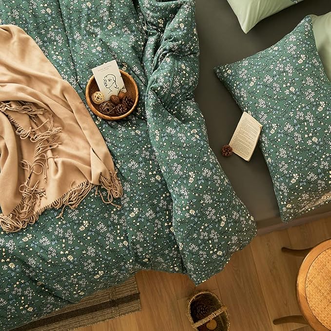 EAVD Premium Soft 100% Jersey Knit Cotton Duvet Cover Green Floral Duvet Cover Queen Vintage Style Botanical Bedding Set for children,teens,boys,girls, women&men Chic Shabby Reversible Comforter Set